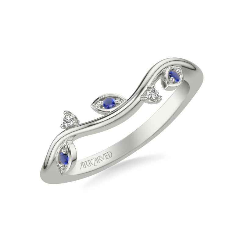 Artcarved Bridal Mounted with Side Stones Contemporary Wedding Band 14K White Gold & Blue Sapphire