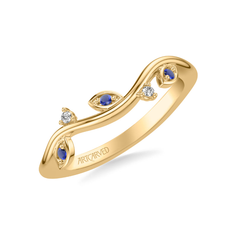 Artcarved Bridal Mounted with Side Stones Contemporary Wedding Band 18K Yellow Gold & Blue Sapphire