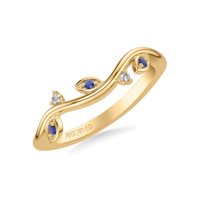 Artcarved Bridal Mounted with Side Stones Contemporary Wedding Band 14K Yellow Gold & Blue Sapphire