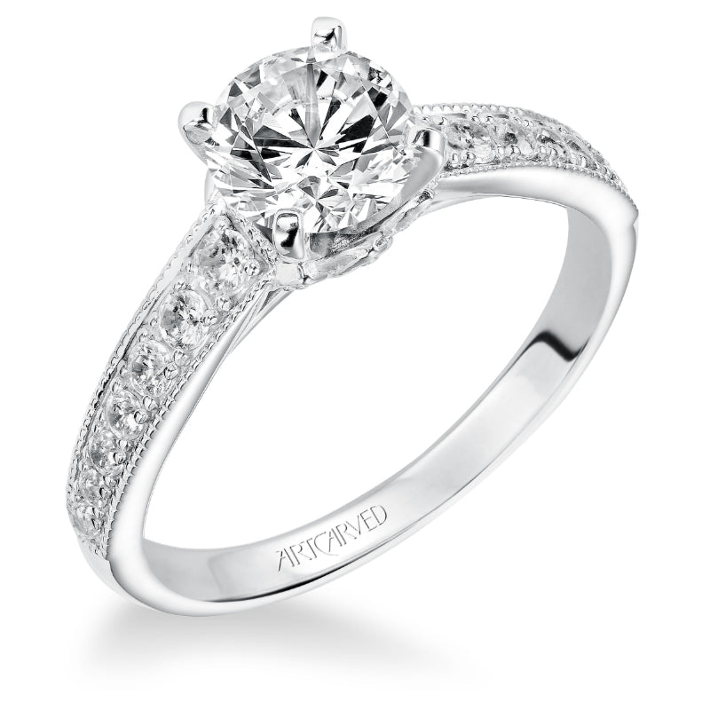 Artcarved Bridal Mounted with CZ Center Vintage Milgrain Diamond Engagement Ring Amelia 14K White Gold