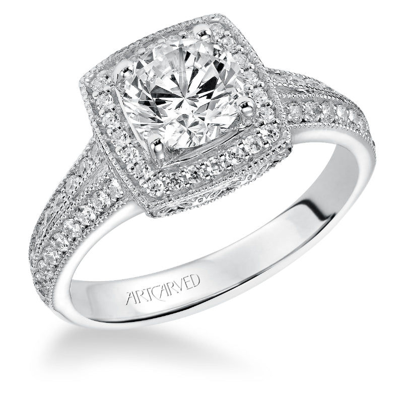 Artcarved Bridal Semi-Mounted with Side Stones Vintage Milgrain Halo Engagement Ring Gwyneth 14K White Gold