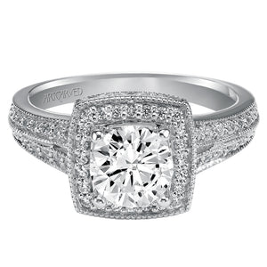 Artcarved Bridal Semi-Mounted with Side Stones Vintage Milgrain Halo Engagement Ring Gwyneth 14K White Gold