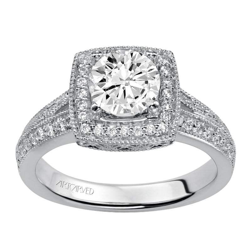 Artcarved Bridal Semi-Mounted with Side Stones Vintage Milgrain Halo Engagement Ring Gwyneth 14K White Gold