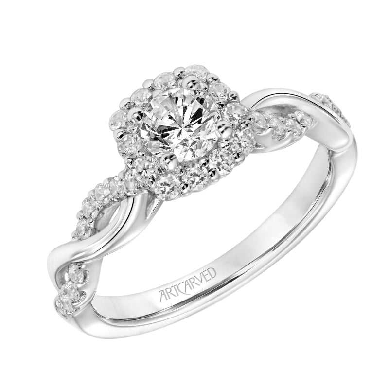 Artcarved Bridal Semi-Mounted with Side Stones Contemporary One Love Halo Engagement Ring Bella 14K White Gold