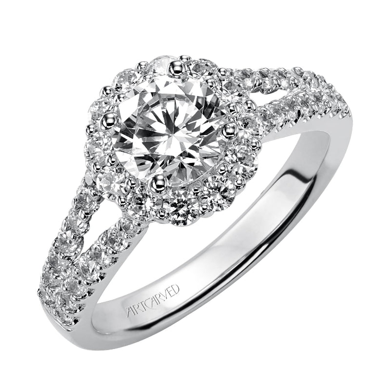 Artcarved Bridal Semi-Mounted with Side Stones Classic Halo Engagement Ring Megan 14K White Gold