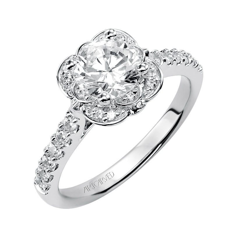 Artcarved Bridal Semi-Mounted with Side Stones Contemporary Floral Halo Engagement Ring Skyler 14K White Gold