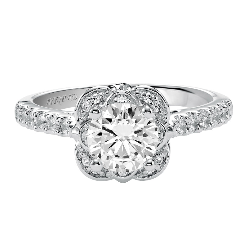 Artcarved Bridal Semi-Mounted with Side Stones Contemporary Floral Halo Engagement Ring Skyler 14K White Gold