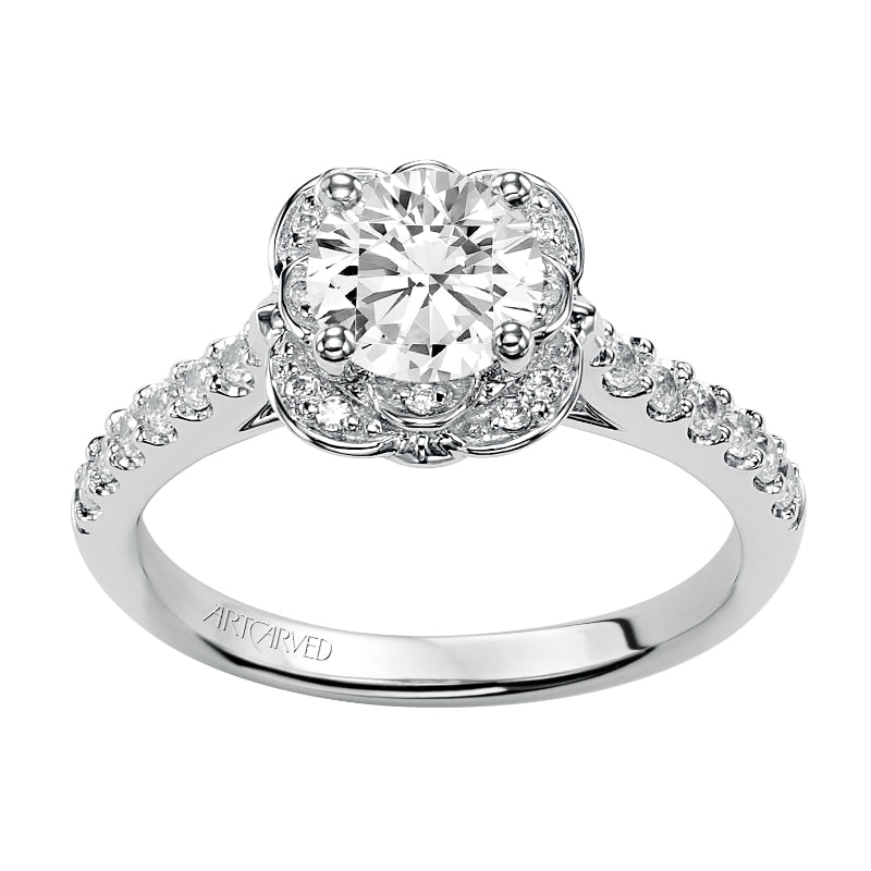 Artcarved Bridal Mounted with CZ Center Contemporary Floral Halo Engagement Ring Skyler 14K White Gold