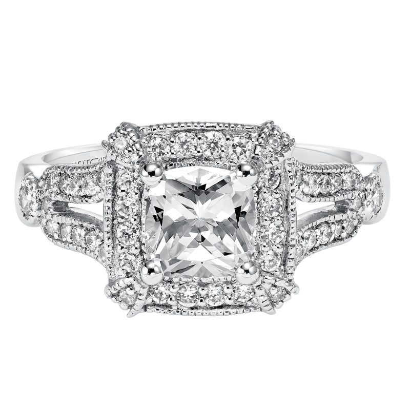 Artcarved Bridal Semi-Mounted with Side Stones Vintage Milgrain Halo Engagement Ring Maxine 14K White Gold