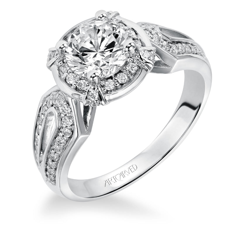 Artcarved Bridal Semi-Mounted with Side Stones Contemporary Halo Engagement Ring Mindy 14K White Gold