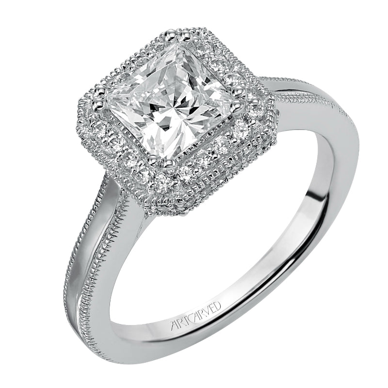 Artcarved Bridal Semi-Mounted with Side Stones Vintage Halo Engagement Ring Gracyn 14K White Gold