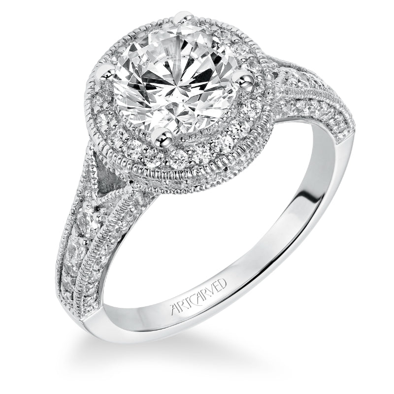 Artcarved Bridal Semi-Mounted with Side Stones Vintage Milgrain Halo Engagement Ring Daniella 14K White Gold