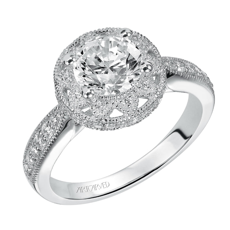 Artcarved Bridal Semi-Mounted with Side Stones Vintage Milgrain Halo Engagement Ring Alana 14K White Gold