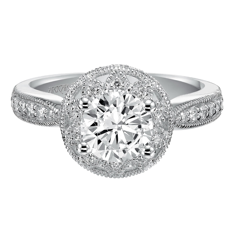 Artcarved Bridal Semi-Mounted with Side Stones Vintage Milgrain Halo Engagement Ring Alana 14K White Gold