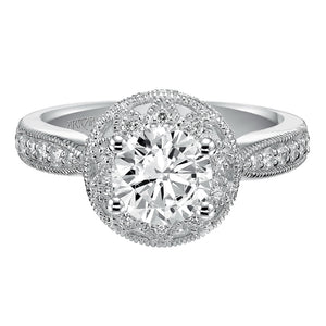 Artcarved Bridal Semi-Mounted with Side Stones Vintage Milgrain Halo Engagement Ring Alana 14K White Gold