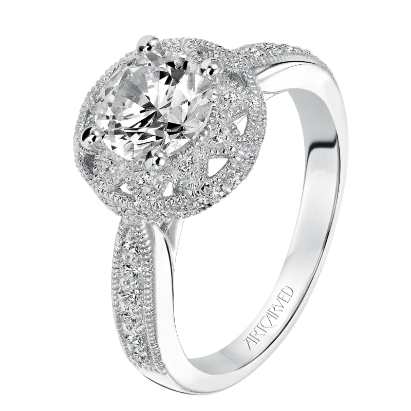 Artcarved Bridal Semi-Mounted with Side Stones Vintage Milgrain Halo Engagement Ring Alana 14K White Gold