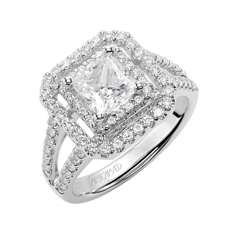 Artcarved Bridal Semi-Mounted with Side Stones Classic Halo Engagement Ring Francine 14K White Gold