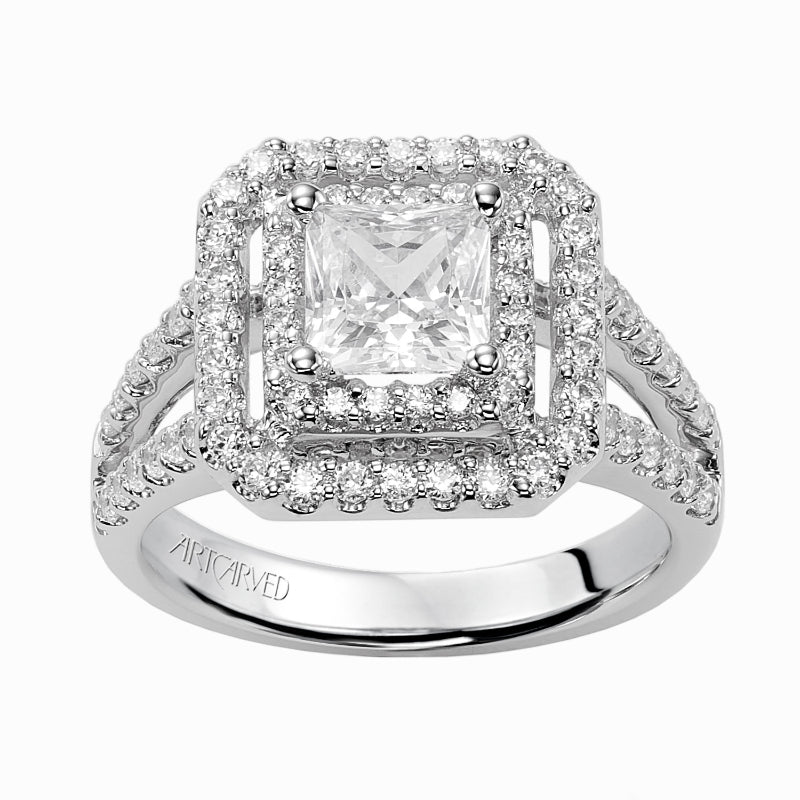 Artcarved Bridal Semi-Mounted with Side Stones Classic Halo Engagement Ring Francine 14K White Gold