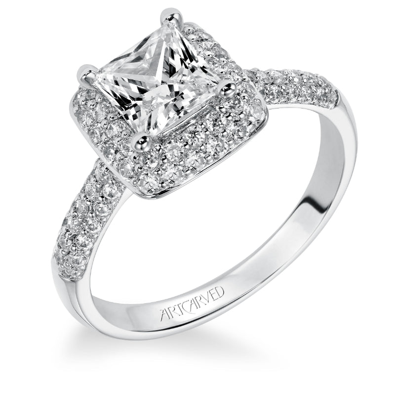 Artcarved Bridal Semi-Mounted with Side Stones Classic Pave Halo Engagement Ring Betsy 14K White Gold