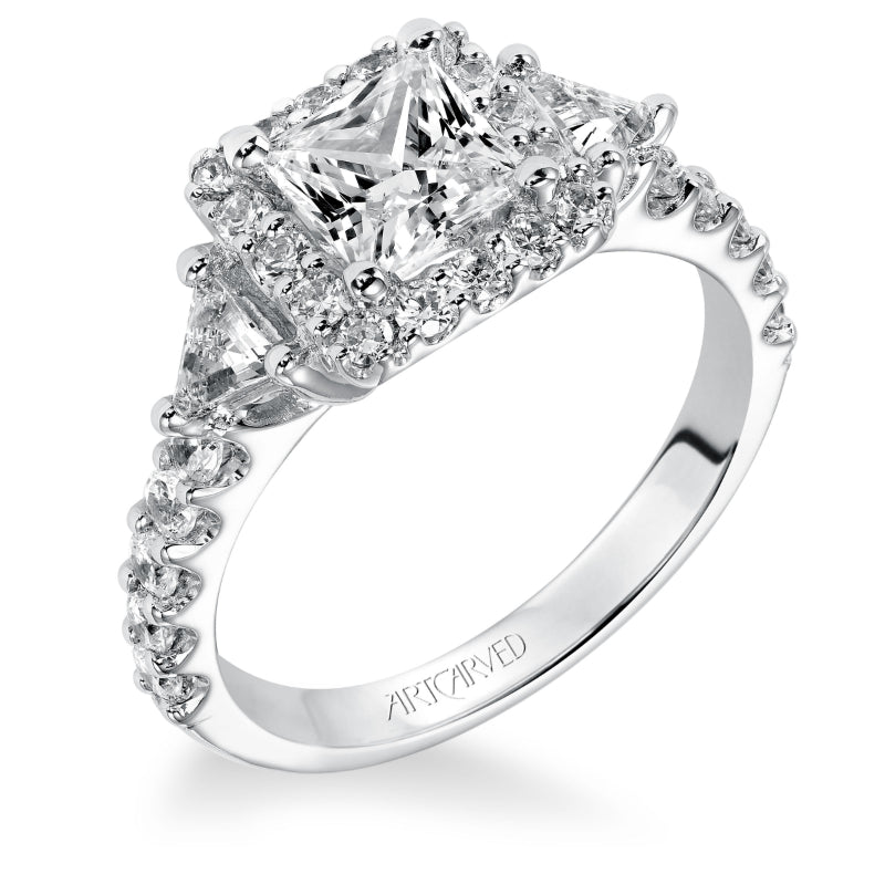 Artcarved Bridal Semi-Mounted with Side Stones Contemporary 3-Stone Engagement Ring Libby 14K White Gold