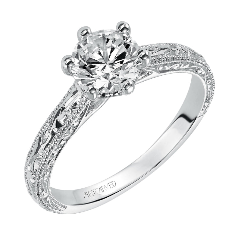 Artcarved Bridal Unmounted No Stones Vintage Engraved Solitaire Engagement Ring Gretchen 14K White Gold