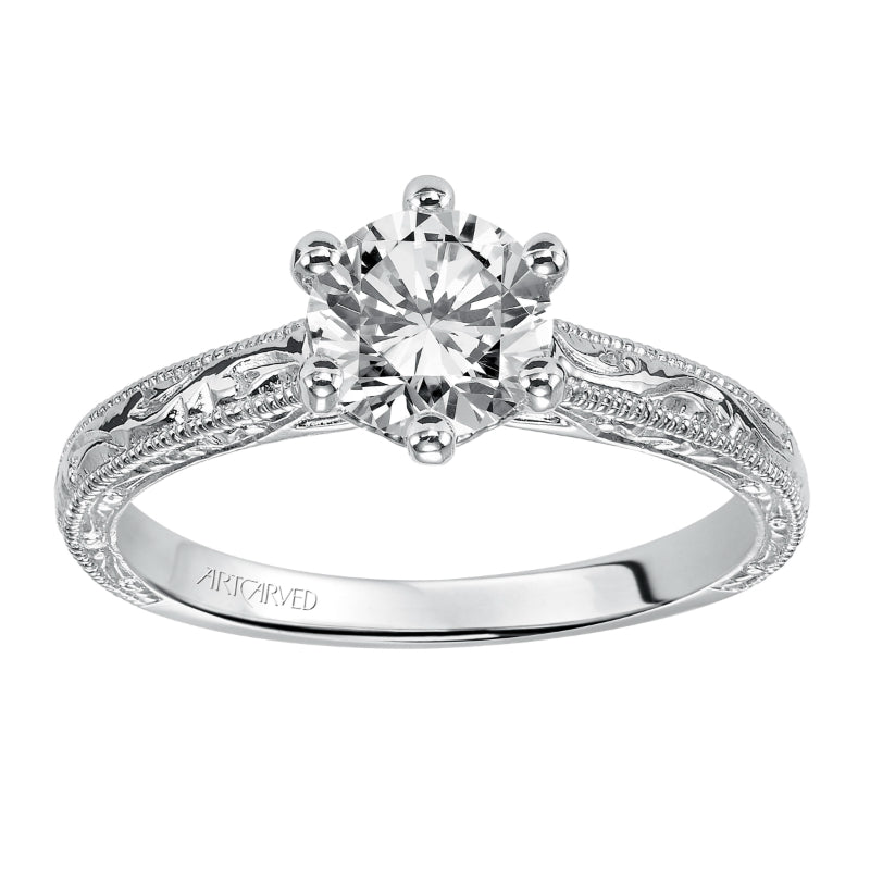 Artcarved Bridal Mounted with CZ Center Vintage Engraved Solitaire Engagement Ring Gretchen 14K White Gold