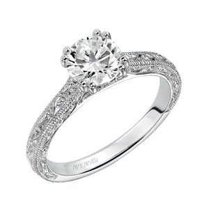 Artcarved Bridal Semi-Mounted with Side Stones Vintage Engraved Solitaire Engagement Ring Bernadette 14K White Gold