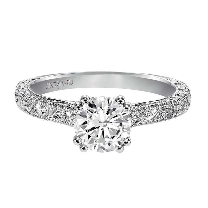 Artcarved Bridal Mounted with CZ Center Vintage Engraved Solitaire Engagement Ring Bernadette 14K White Gold