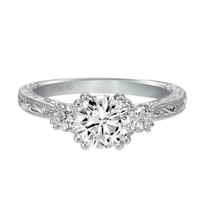 Artcarved Bridal Semi-Mounted with Side Stones Vintage Engraved 3-Stone Engagement Ring Anabelle 14K White Gold