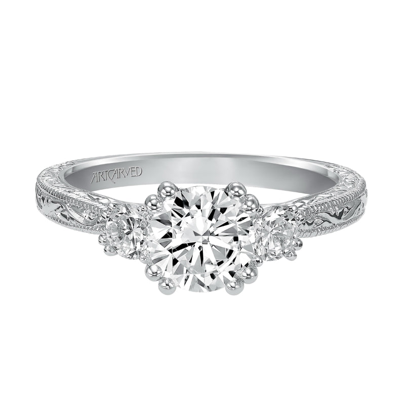 Artcarved Bridal Semi-Mounted with Side Stones Vintage Engraved 3-Stone Engagement Ring Anabelle 14K White Gold