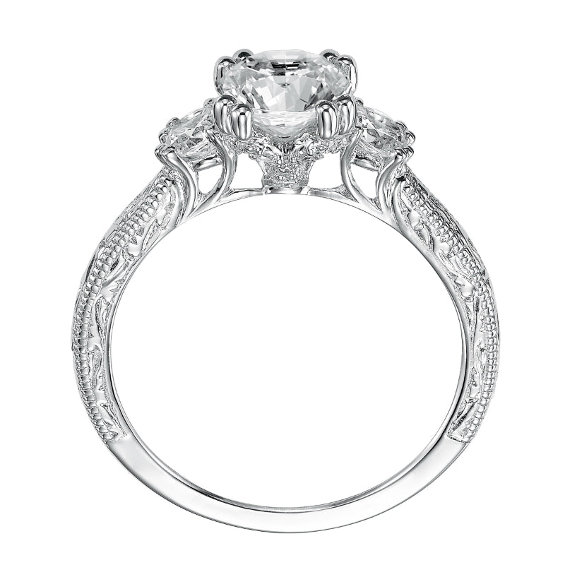 Artcarved Bridal Mounted with CZ Center Vintage Engraved 3-Stone Engagement Ring Anabelle 14K White Gold