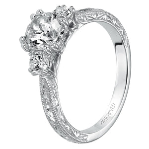 Artcarved Bridal Mounted with CZ Center Vintage Engraved 3-Stone Engagement Ring Anabelle 14K White Gold