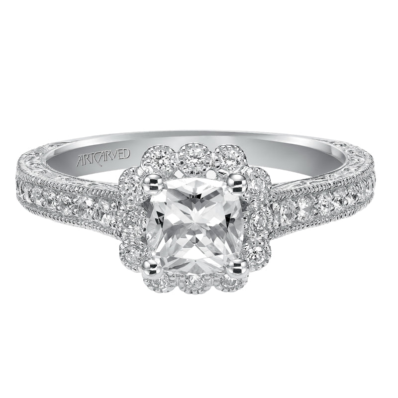 Artcarved Bridal Semi-Mounted with Side Stones Vintage Halo Engagement Ring Amaya 14K White Gold