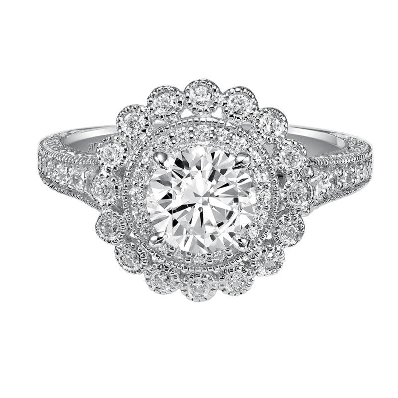 Artcarved Bridal Semi-Mounted with Side Stones Vintage Halo Engagement Ring Roxanne 14K White Gold