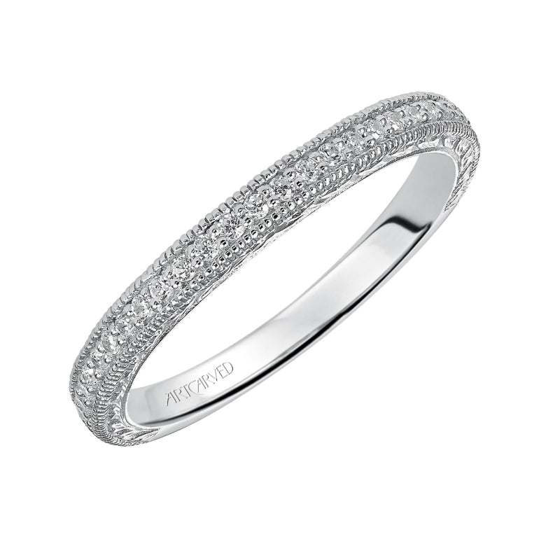 Artcarved Bridal Mounted with Side Stones Vintage Diamond Wedding Band Roxanne 14K White Gold