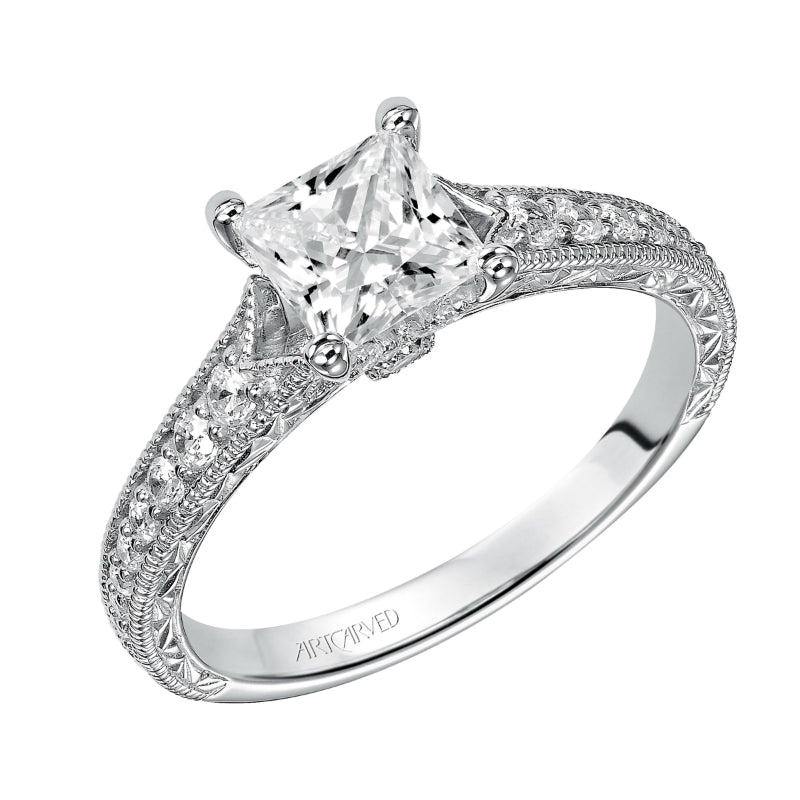 Artcarved Bridal Mounted with CZ Center Vintage Engagement Ring Ruth 14K White Gold