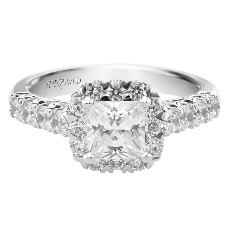 Artcarved Bridal Semi-Mounted with Side Stones Classic Halo Engagement Ring Jaime 14K White Gold