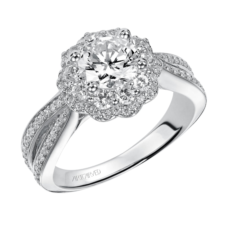 Artcarved Bridal Semi-Mounted with Side Stones Contemporary Halo Engagement Ring Flora 14K White Gold