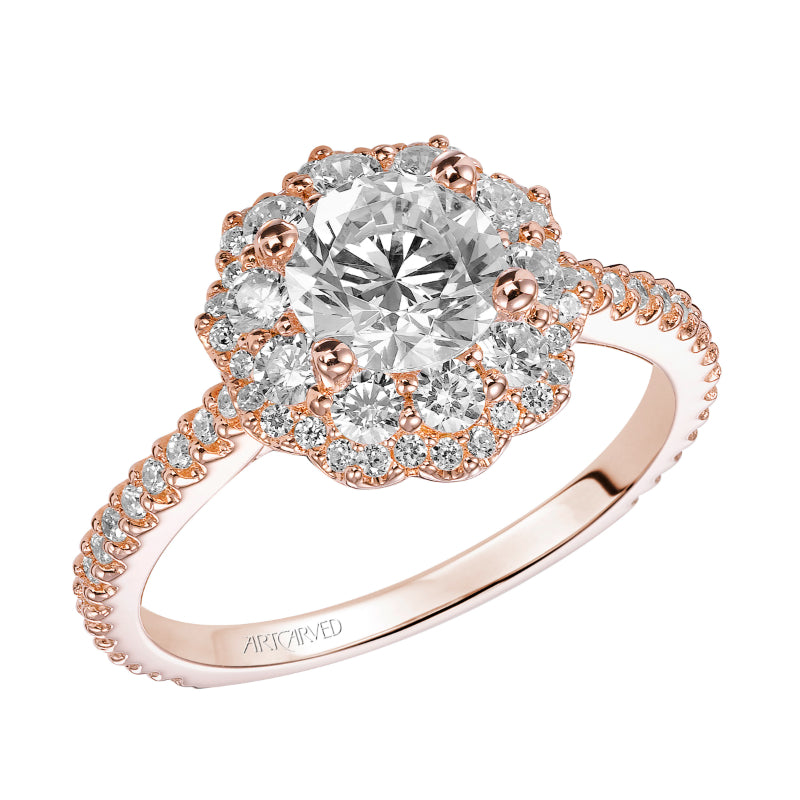 Artcarved Bridal Semi-Mounted with Side Stones Contemporary Floral Halo Engagement Ring Priscilla 14K Rose Gold