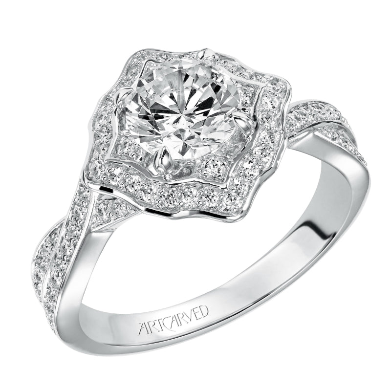 Artcarved Bridal Semi-Mounted with Side Stones Vintage Halo Engagement Ring Lucia 14K White Gold