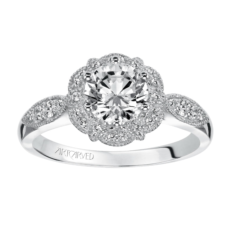 Artcarved Bridal Semi-Mounted with Side Stones Vintage Halo Engagement Ring Francesca 14K White Gold