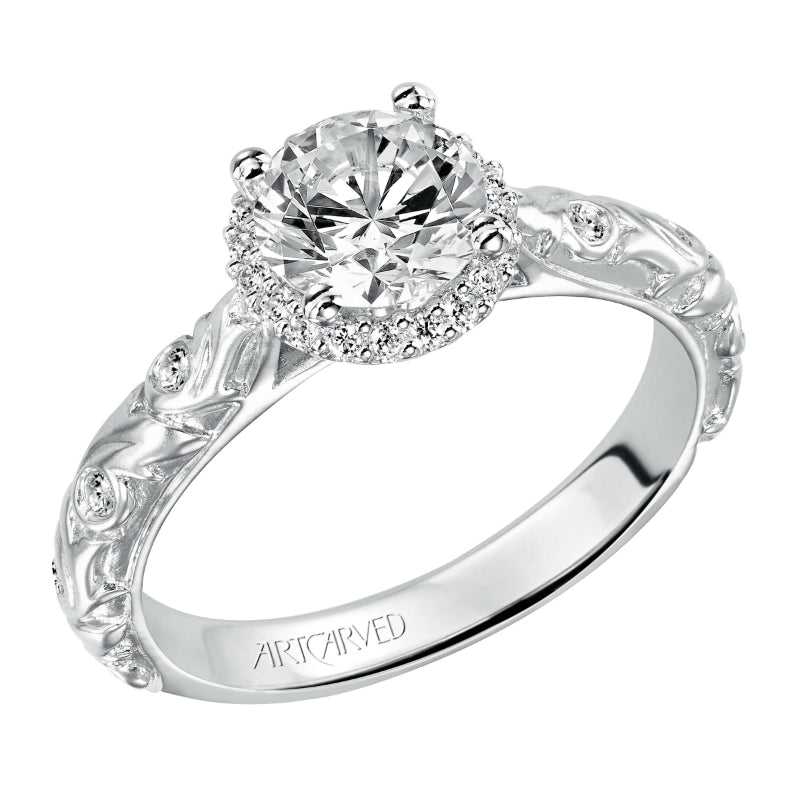 Artcarved Bridal Semi-Mounted with Side Stones Vintage Engraved Halo Engagement Ring Catrina 14K White Gold