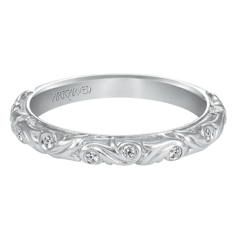 Artcarved Bridal Mounted with Side Stones Vintage Engraved Halo Diamond Wedding Band Catrina 14K White Gold