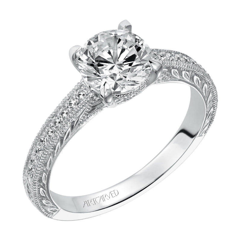 Artcarved Bridal Semi-Mounted with Side Stones Vintage Engraved Diamond Engagement Ring Antonia 14K White Gold