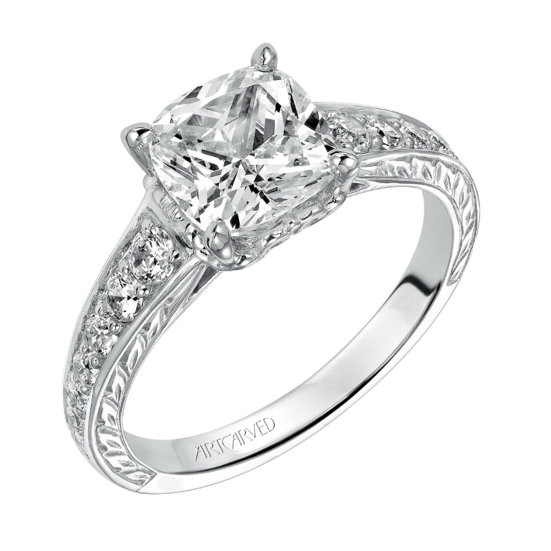 Artcarved Bridal Mounted with CZ Center Vintage Engraved Diamond Engagement Ring Anastasia 14K White Gold