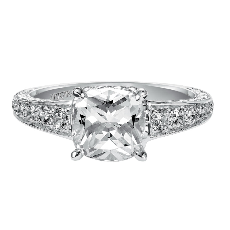 Artcarved Bridal Mounted with CZ Center Vintage Engraved Diamond Engagement Ring Anastasia 14K White Gold