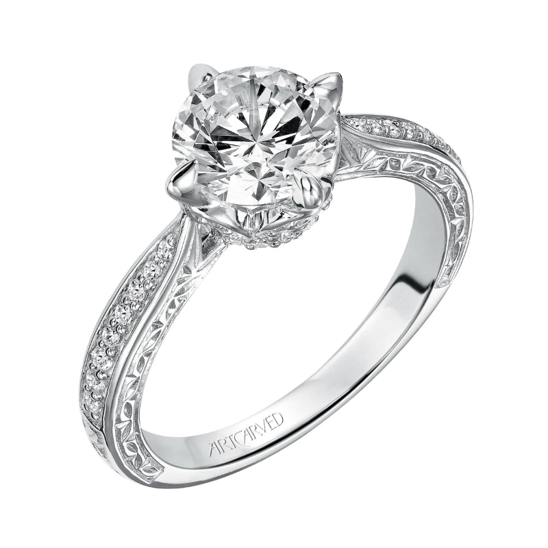 Artcarved Bridal Mounted with CZ Center Vintage Engraved Diamond Engagement Ring Calista 14K White Gold