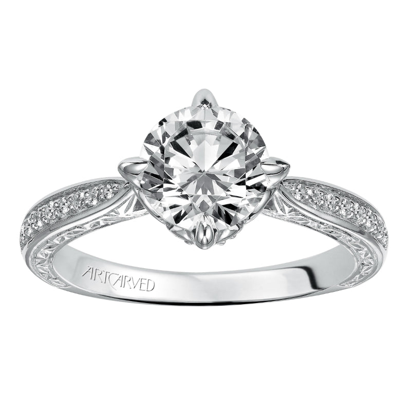 Artcarved Bridal Mounted with CZ Center Vintage Engraved Diamond Engagement Ring Calista 14K White Gold