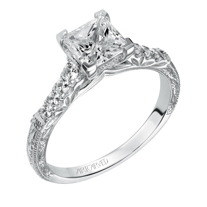 Artcarved Bridal Semi-Mounted with Side Stones Vintage Engagement Ring Charmaine 14K White Gold