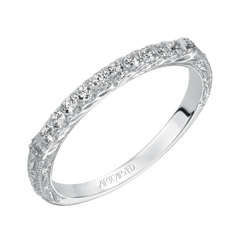 Artcarved Bridal Mounted with Side Stones Vintage Diamond Wedding Band Charmaine 14K White Gold